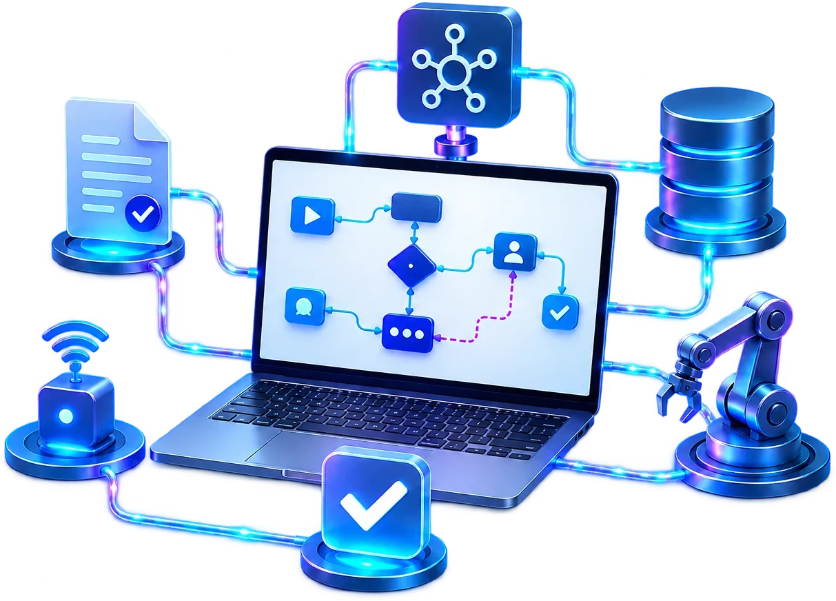 Ilustración de un proceso automatizado que conecta sistemas, datos, dispositivos y tareas digitales.