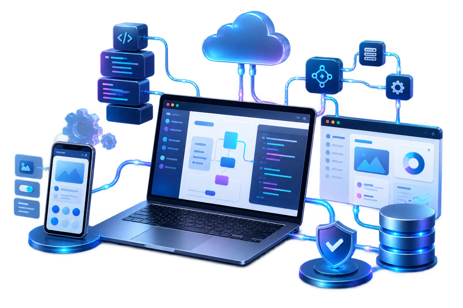 Illustration of a custom software solution connected across desktop, mobile and cloud systems.