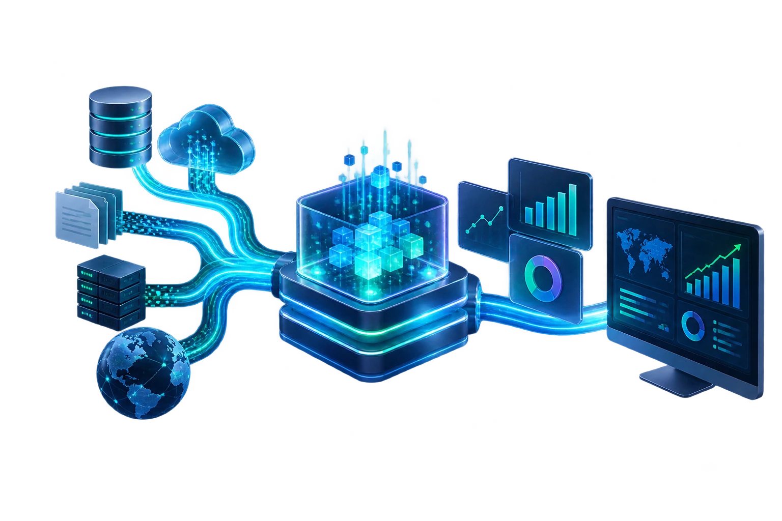Ecosistema tecnológico conectado que representa infraestructura cloud, servidores, datos y servicios empresariales de TI.